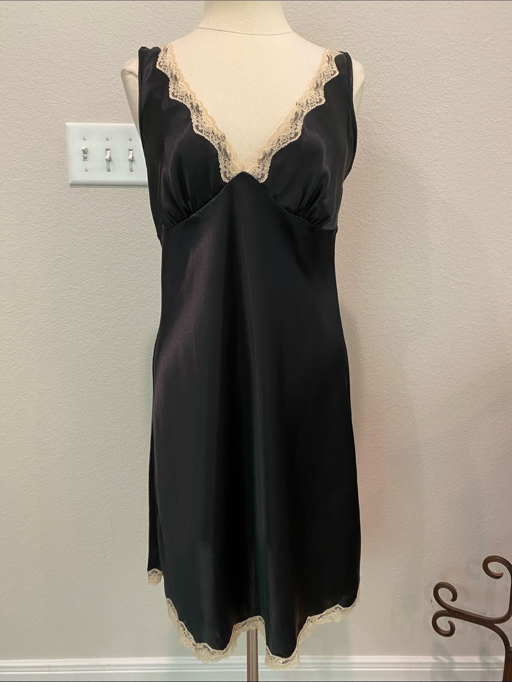 Victoria's Secret Black Satin Slip with Cream Lace Trim Nightgown Large